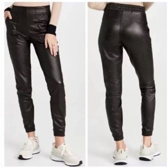 SPANX Faux Leather Like Joggers Size Large Black Pull On Elastic Waist Pockets - Picture 2 of 14